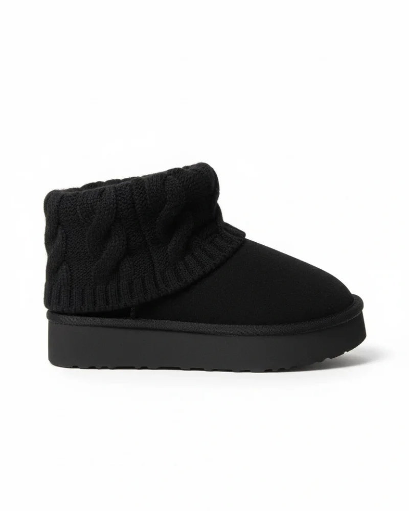 Knitted Suede Thick Sole Winter Fur Lined Womens Boots - Black