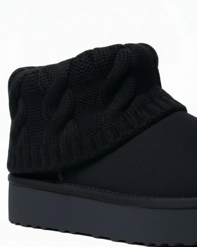 Knitted Suede Thick Sole Winter Fur Lined Womens Boots - Black