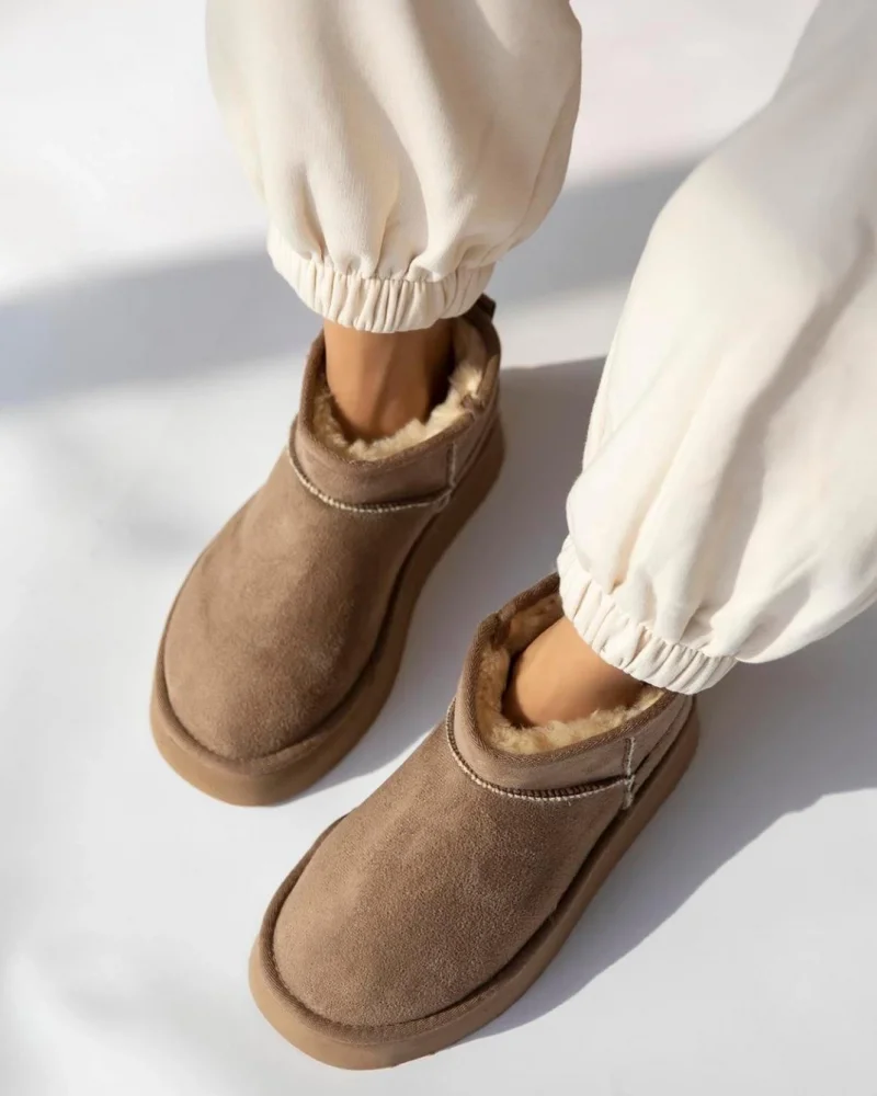 High Mini Classic Suede Womens Boots with Fur Lining - Fawn