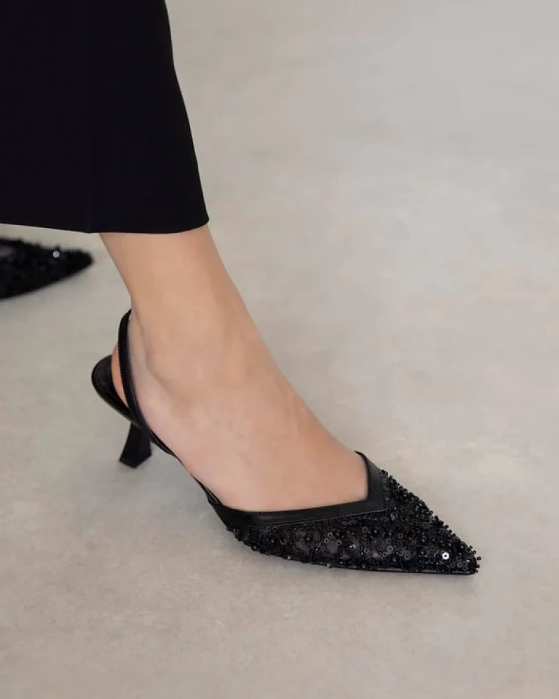 Mony Womens Sequin Detail Heels Black Elegant Evening Stiletto