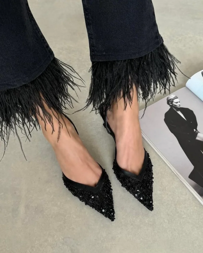 Mony Womens Sequin Detail Heels Black Elegant Evening Stiletto