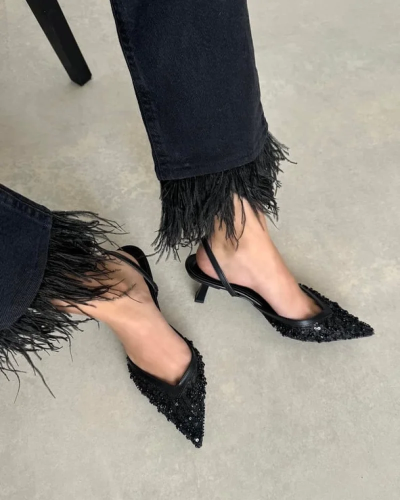 Mony Womens Sequin Detail Heels Black Elegant Evening Stiletto