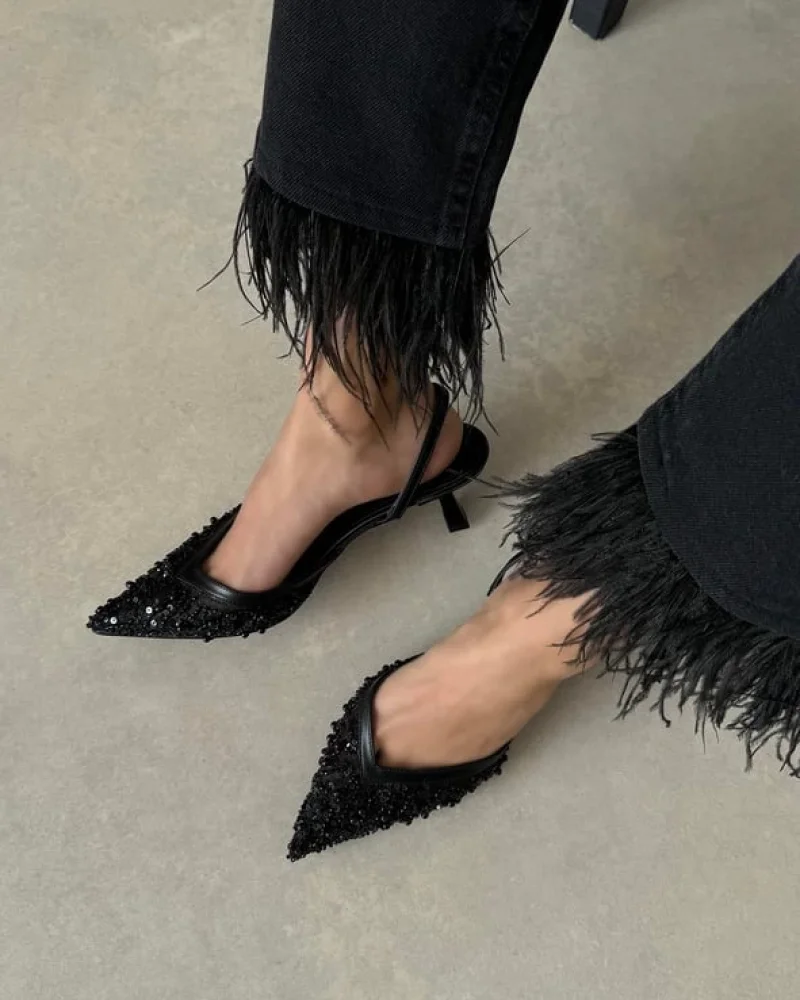 Mony Womens Sequin Detail Heels Black Elegant Evening Stiletto