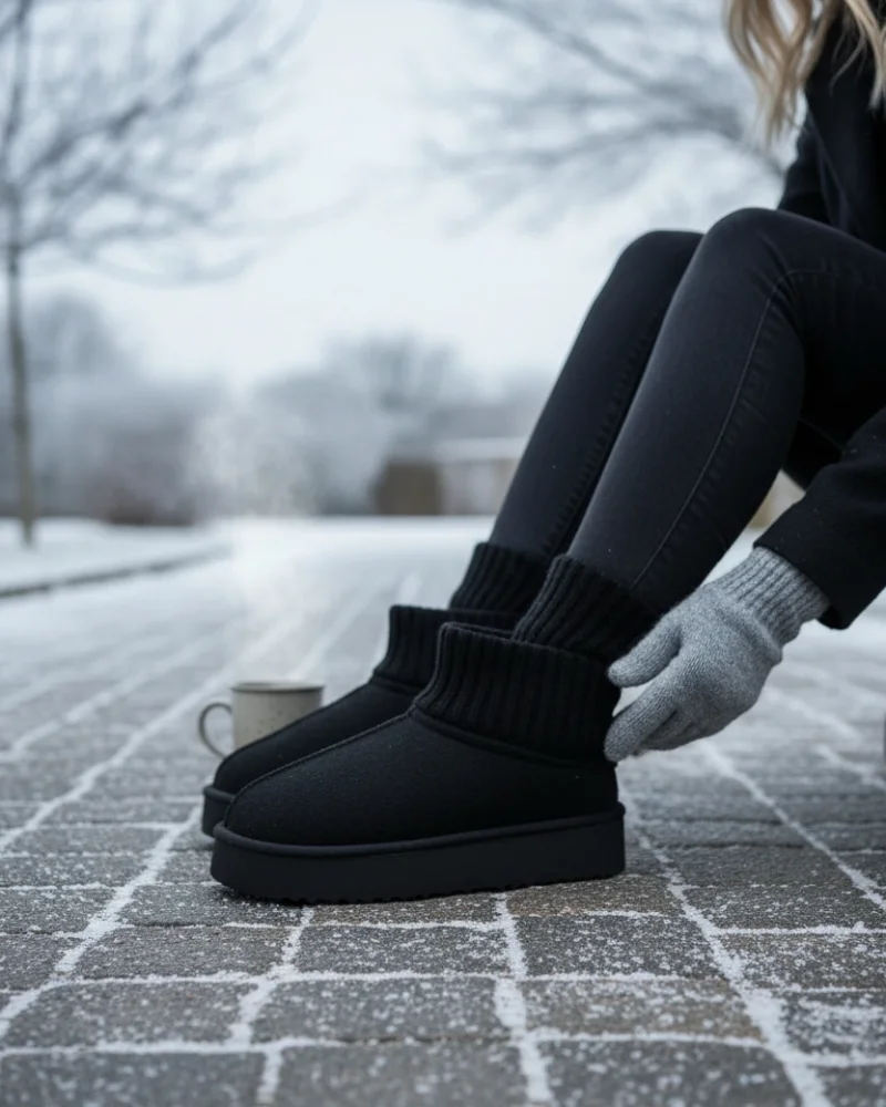 Knit Turtleneck Thick Sole Winter Fur-Lined Womens Boots - Black