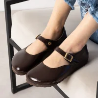 Alora Minimal Kadın İthal Kumaş Babet - Parlak Kahve