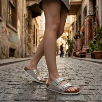 Luxe Kadın Terlik 2 Bantlı Anatomik Taban Rahat Şık Terlik - Gümüş