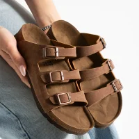 Kadın 3 Tokalı Anatomik Taban Terlik Rahat Günlük Yazlık - Taba