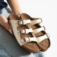 Kadın 3 Tokalı Anatomik Taban Terlik Rahat Günlük Yazlık - Bej