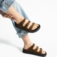 Vento Womens 3-Buckle Anatomical Sole Slippers - Leopard Brown