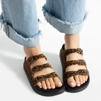 Vento Womens 3-Buckle Anatomical Sole Slippers - Leopard Brown