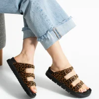 Vento Womens 3-Buckle Anatomical Sole Slippers - Leopard Brown