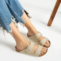 Terra Bej Deri Tozu Günlük Terlik - Dikişli, Ortopedik, Konforlu