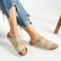 Terra Bej Deri Tozu Günlük Terlik - Dikişli, Ortopedik, Konforlu