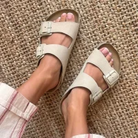 Terra Bej Deri Tozu Günlük Terlik - Dikişli, Ortopedik, Konforlu