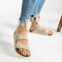 Terra Bej Deri Tozu Günlük Terlik - Dikişli, Ortopedik, Konforlu