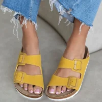 Terra Sarı Deri Tozu Günlük Terlik - Dikişli, Ortopedik, Konforlu