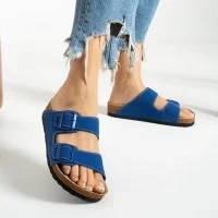 Terra Mavi Deri Tozu Günlük Terlik - Dikişli, Ortopedik, Konforlu