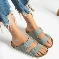 Terra Gri Deri Tozu Günlük Terlik - Dikişli, Ortopedik, Konforlu