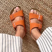 Terra Turuncu Deri Tozu Günlük Terlik - Dikişli, Ortopedik, Konforlu