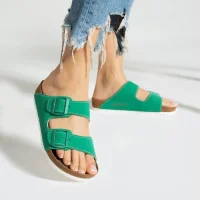 Terra Yeşil Deri Tozu Günlük Terlik - Dikişli, Ortopedik, Konforlu