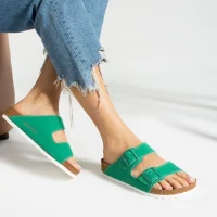 Terra Yeşil Deri Tozu Günlük Terlik - Dikişli, Ortopedik, Konforlu