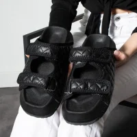 Quilted Velcro Womens Outdoor Slippers – Black