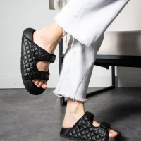 Quilted Velcro Womens Outdoor Slippers – Black