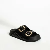 Kapitone Tokalı Kadın Ev Dış Mekan Terlik - Parlak Siyah