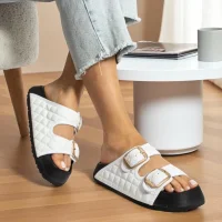 Kapitone Tokalı Ev Dış Mekan Kadın Terlik – Beyaz