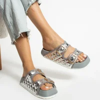 Kapitone Tokalı Kadın Ev Dış Mekan Terlik – Parlak Gri