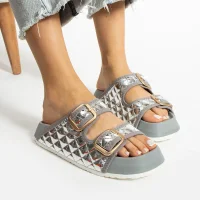 Kapitone Tokalı Kadın Ev Dış Mekan Terlik – Parlak Gri