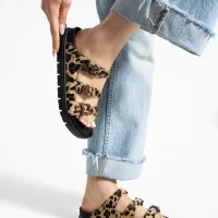 Leopar Üç Tokalı Terlik Bej