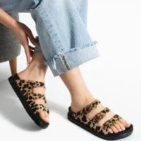 Leopar Üç Tokalı Terlik Bej