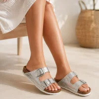Luxe Çift Tokalı Kadın Terlik - Gümüş