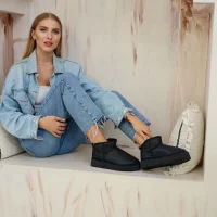 Yüksek Mini Classic İçi Kürklü Kadın Bot - Deri Siyah