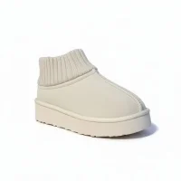 Triko Boğazlı Kalın Taban Kışlık İçi Kürklü Kadın Bot - Bej