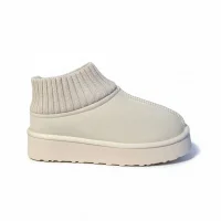 Triko Boğazlı Kalın Taban Kışlık İçi Kürklü Kadın Bot - Bej