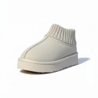 Triko Boğazlı Kalın Taban Kışlık İçi Kürklü Kadın Bot - Bej