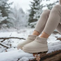 Triko Boğazlı Kalın Taban Kışlık İçi Kürklü Kadın Bot - Bej