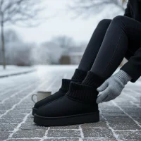 Triko Boğazlı Kalın Taban Kışlık İçi Kürklü Kadın Bot - Siyah