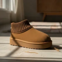 Triko Boğazlı Kalın Taban Kışlık İçi Kürklü Kadın Bot - Taba