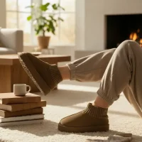 Triko Boğazlı Kalın Taban Kışlık İçi Kürklü Kadın Bot - Vizon