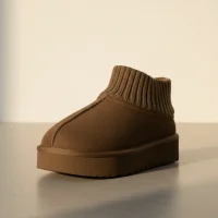 Triko Boğazlı Kalın Taban Kışlık İçi Kürklü Kadın Bot - Vizon