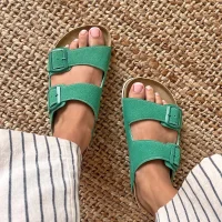 Terra Yeşil Deri Tozu Günlük Terlik - Dikişli, Ortopedik, Konforlu