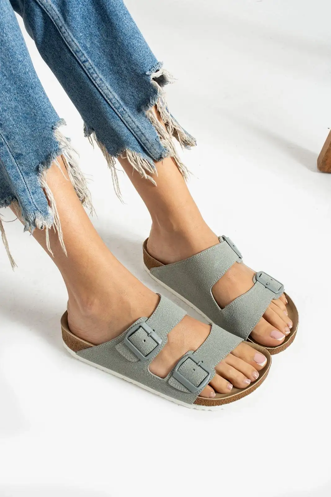 Terra Gri Deri Tozu Günlük Terlik - Dikişli, Ortopedik, Konforlu