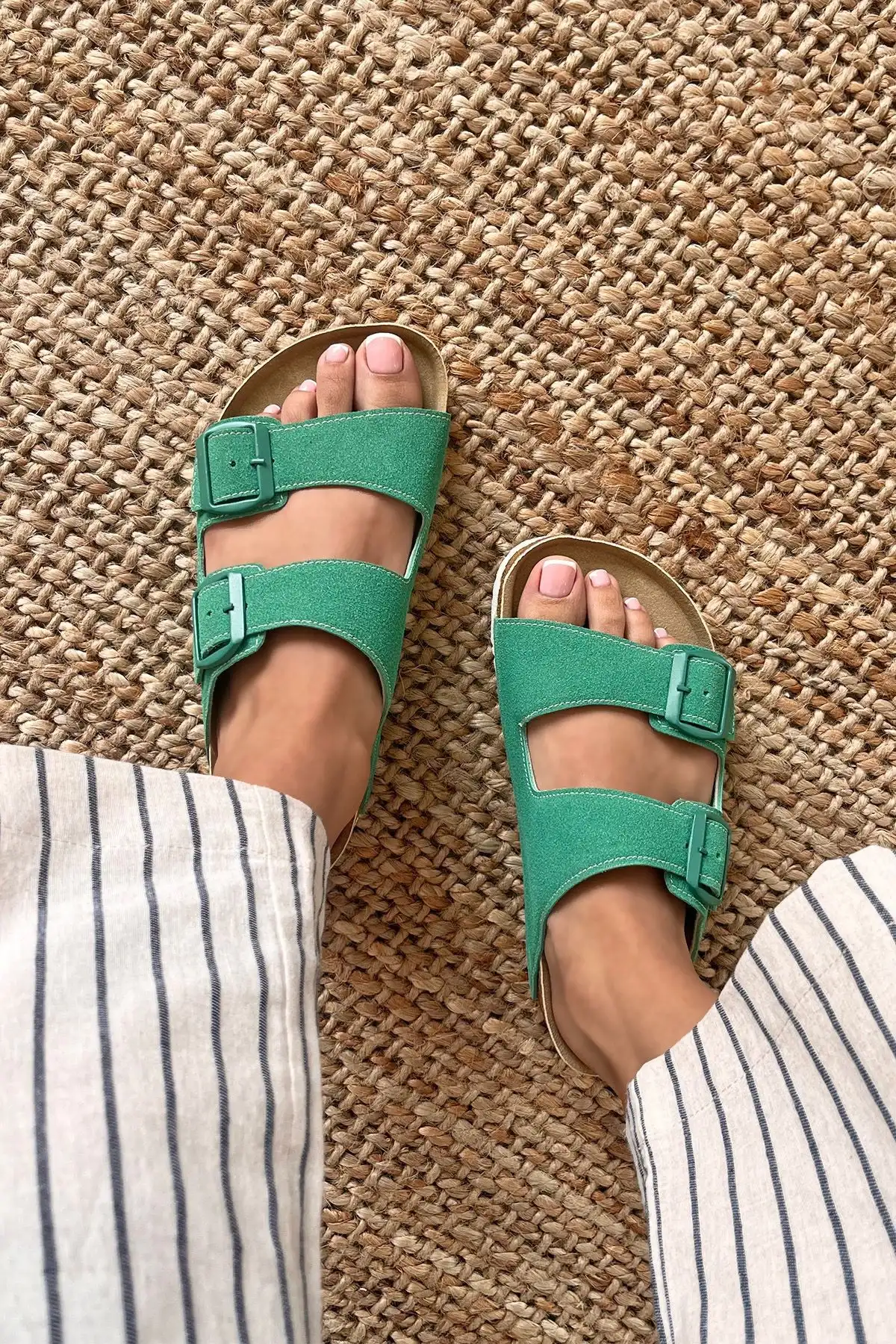 Terra Yeşil Deri Tozu Günlük Terlik - Dikişli, Ortopedik, Konforlu