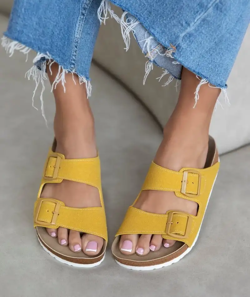 Terra Sarı Deri Tozu Günlük Terlik - Dikişli, Ortopedik, Konforlu