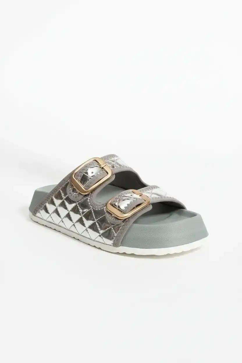 Kapitone Tokalı Kadın Ev Dış Mekan Terlik – Parlak Gri