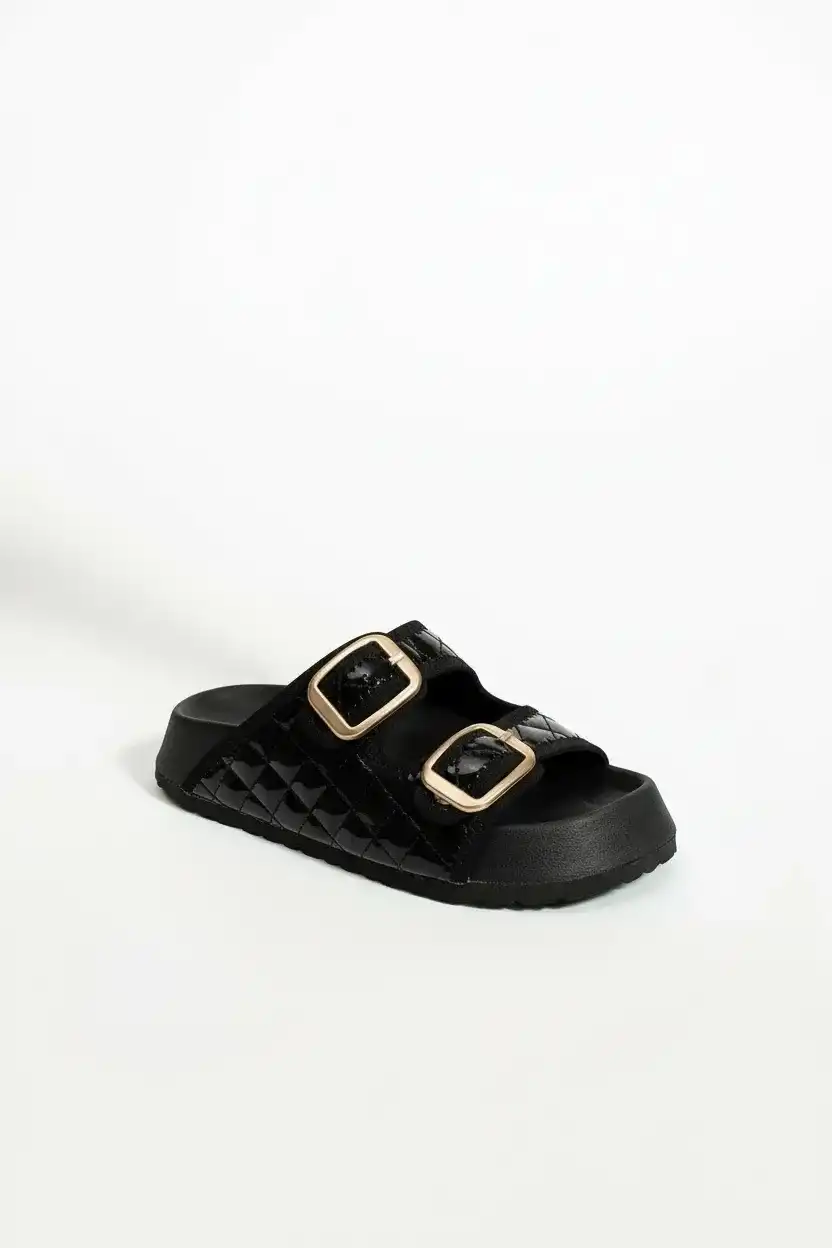 Kapitone Tokalı Kadın Ev Dış Mekan Terlik - Parlak Siyah