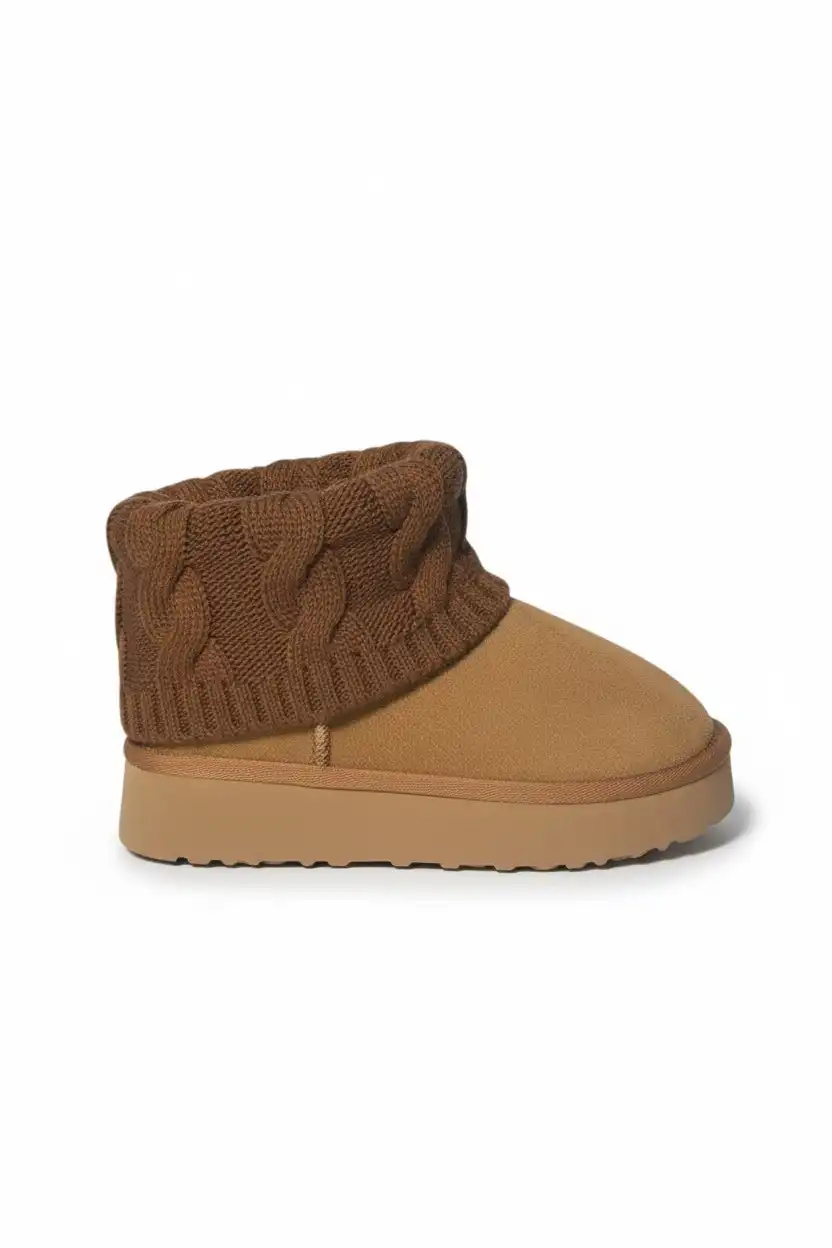 Kazaklı Süet Kalın Taban Kışlık İçi Kürklü Kadın Bot - Taba